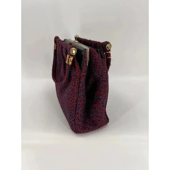 Vintage 50's Wool Red/Blue Tweed Handbag Double Handle Snap Clasp 8" X 12" x 4" - Picture 7 of 13